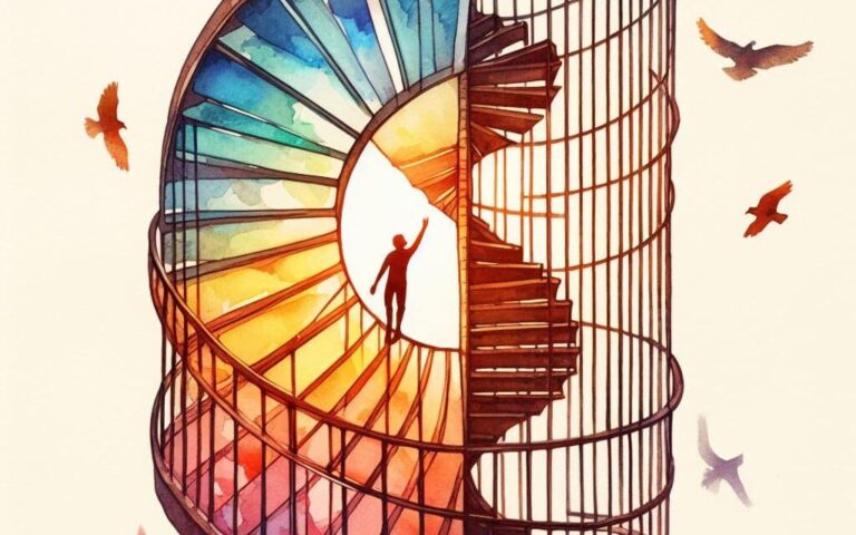 gemalt: ein Mensch geht auf einer sich windenden Treppe als Sinnbild für die Angststörung