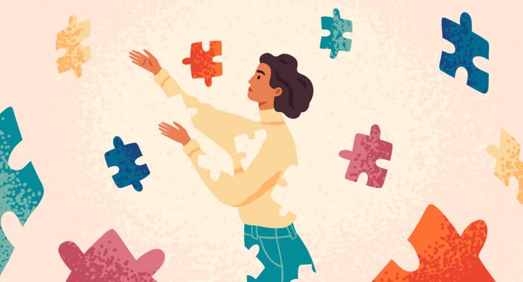 Vektor Frau fängt Puzzleteile als Visualisierung von Gestalttherapie