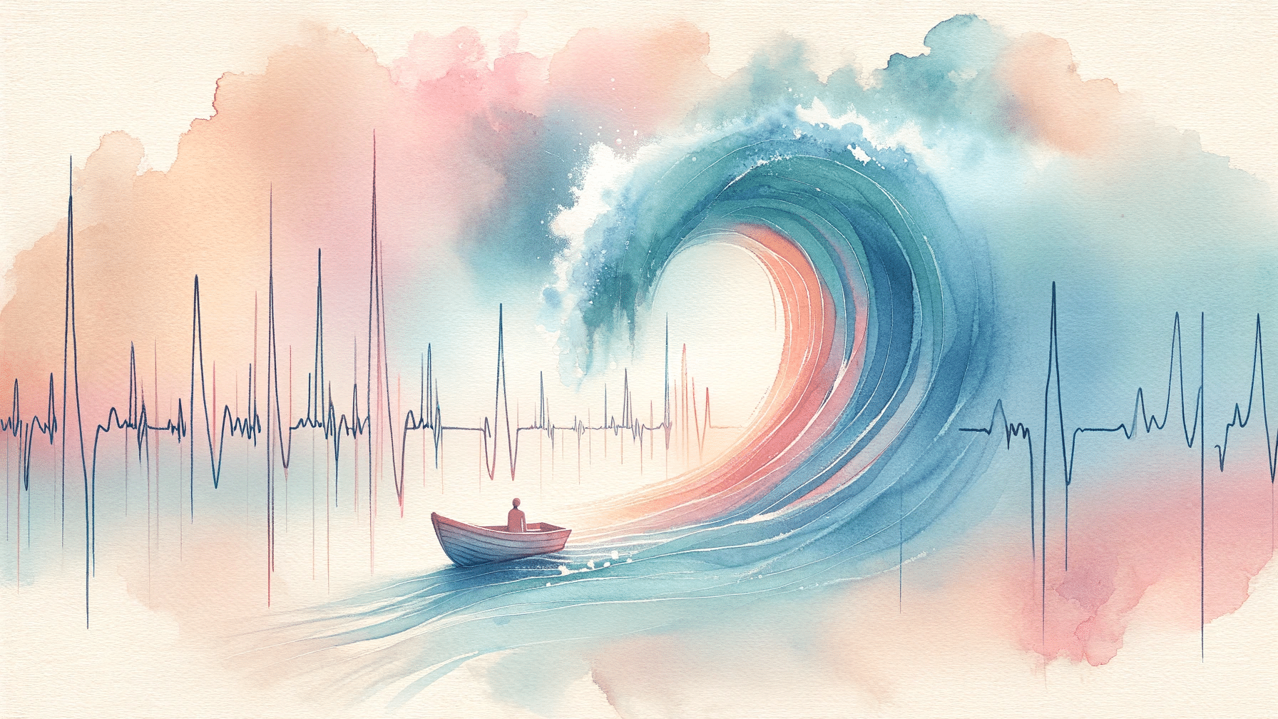 Aquarell Interpretation von Panikattacken - Boot und Herzschlagkurve, Wellen gehen hoch